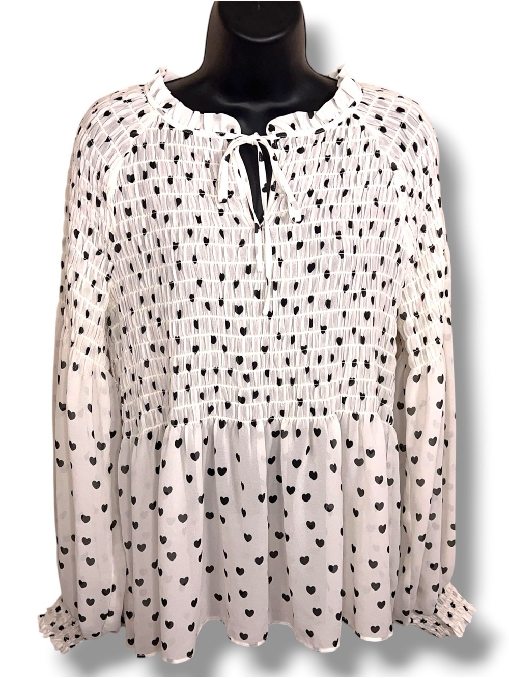 Medium Rose And Olive White Black Heart Print Blouse Long Sleeve Smocked Peasant